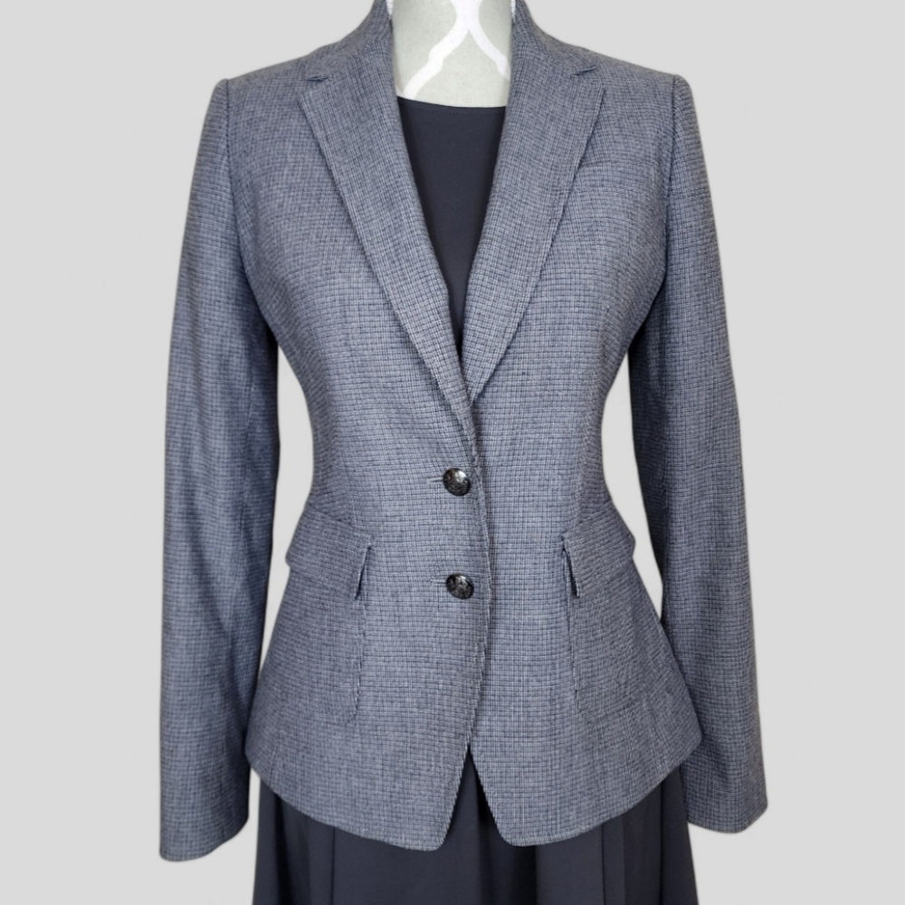 Banana Republic Italian Fabric Blazer Size 2 Grey Houndstooth Elbow Patch Jacket - Picture 8 of 12